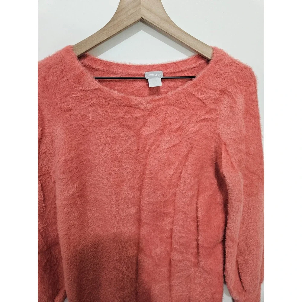 Chicos Coral Pink‎ Fuzzy Eyelash Knit Scoop Neck Sweater Size 00 XS